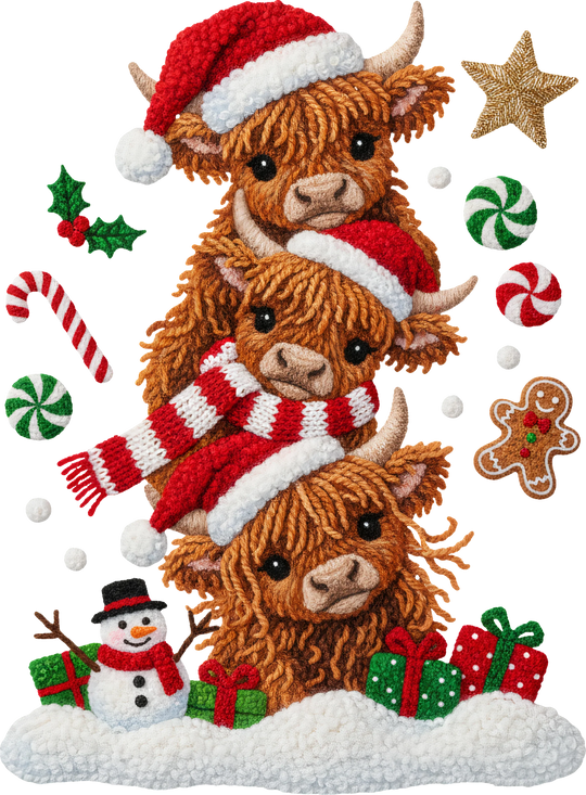 Christmas Highland cows DTF transfer with Santa hat, scarf, gifts, candy canes and festive holiday elements on white background