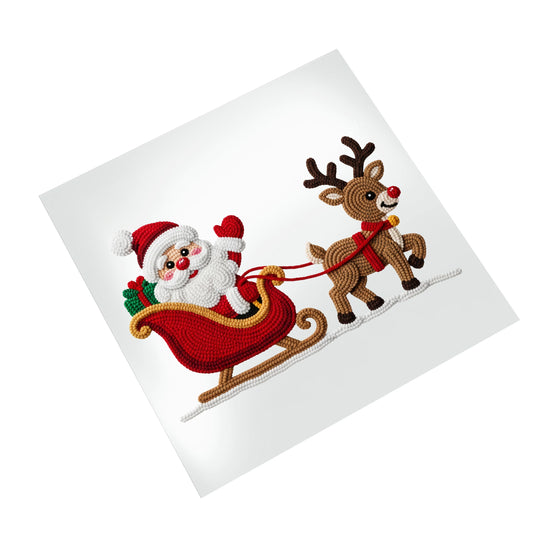 Premium Santa and Rudolph sleigh DTF transfer design with detailed embroidered-style finish for holiday apparel