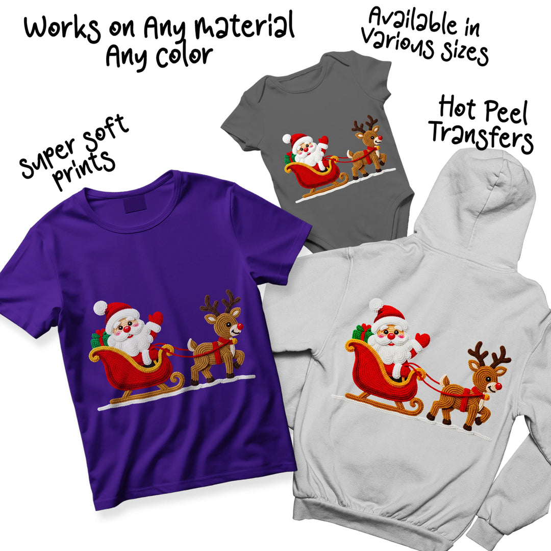 Santa Claus reindeer sleigh DTF transfer displayed on multiple colored garments showing versatile application options