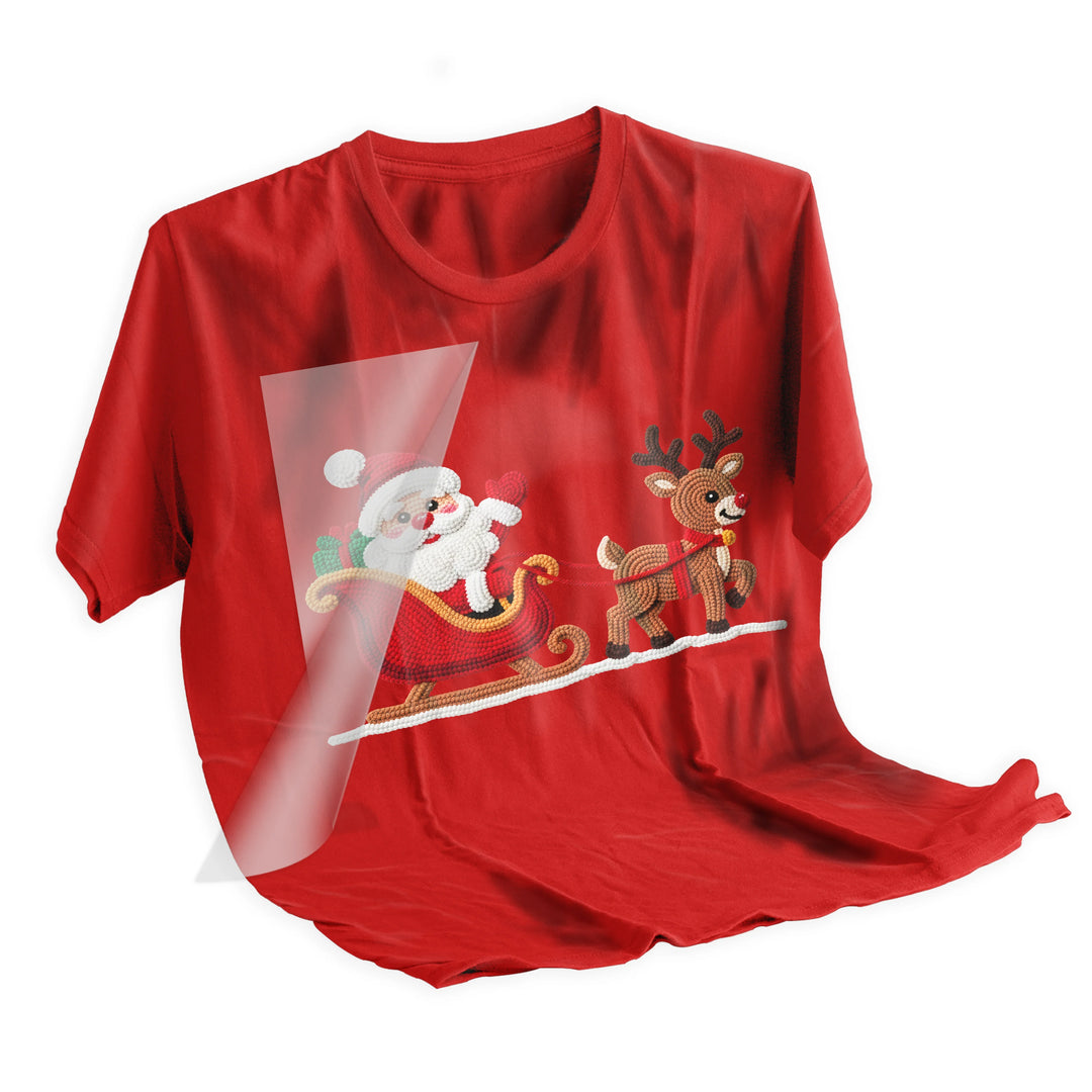 Step-by-step application of Christmas Santa reindeer DTF transfer using heat press for professional holiday apparel