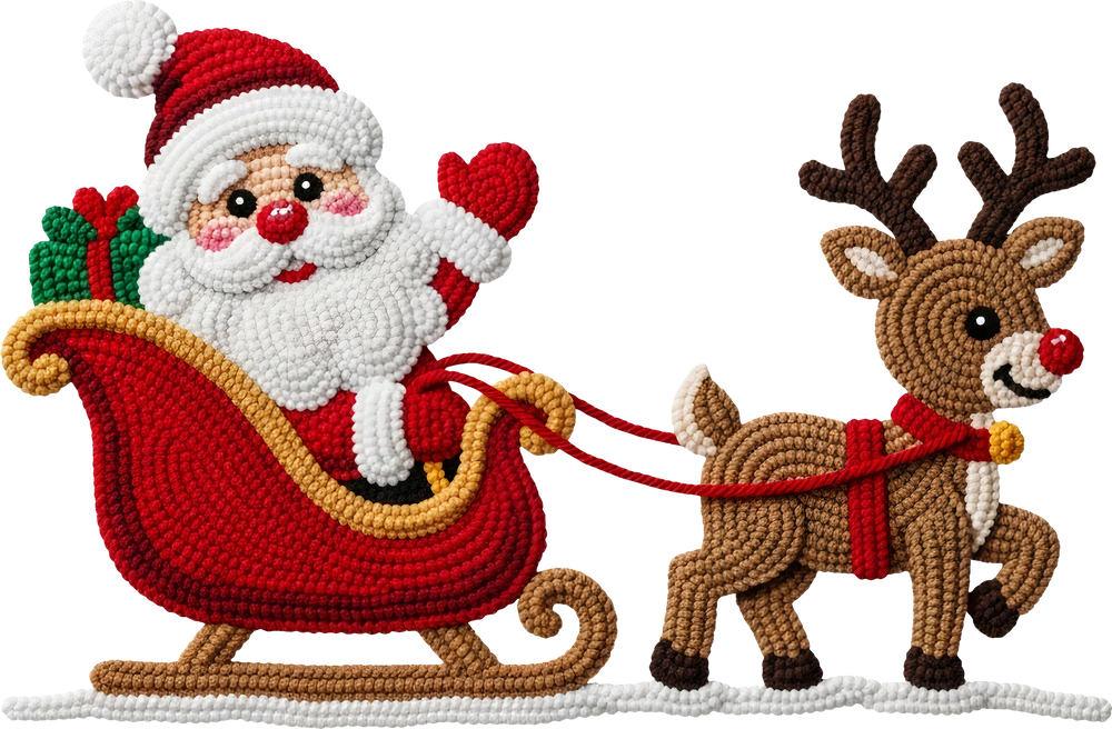 Christmas DTF transfer showing Santa Claus and reindeer in sleigh with embroidered texture effect on white background