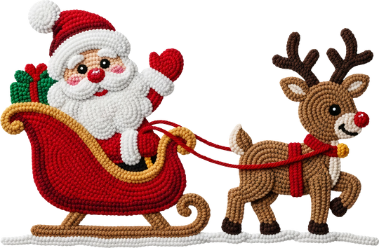 Christmas DTF transfer showing Santa Claus and reindeer in sleigh with embroidered texture effect on white background