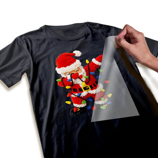 Close-up detail view of Santa Christmas lights DTF transfer showing embroidered texture and vibrant colors