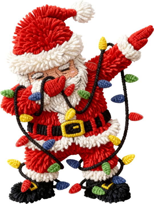 Christmas DTF transfer design featuring Santa Claus tangled in colorful Christmas lights with embroidered texture style