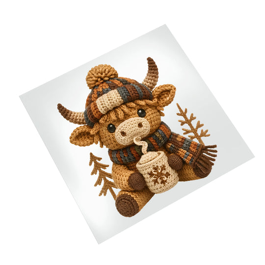 Highland bull Christmas DTF transfer ready to press featuring cozy winter scarf and hot cocoa on white background