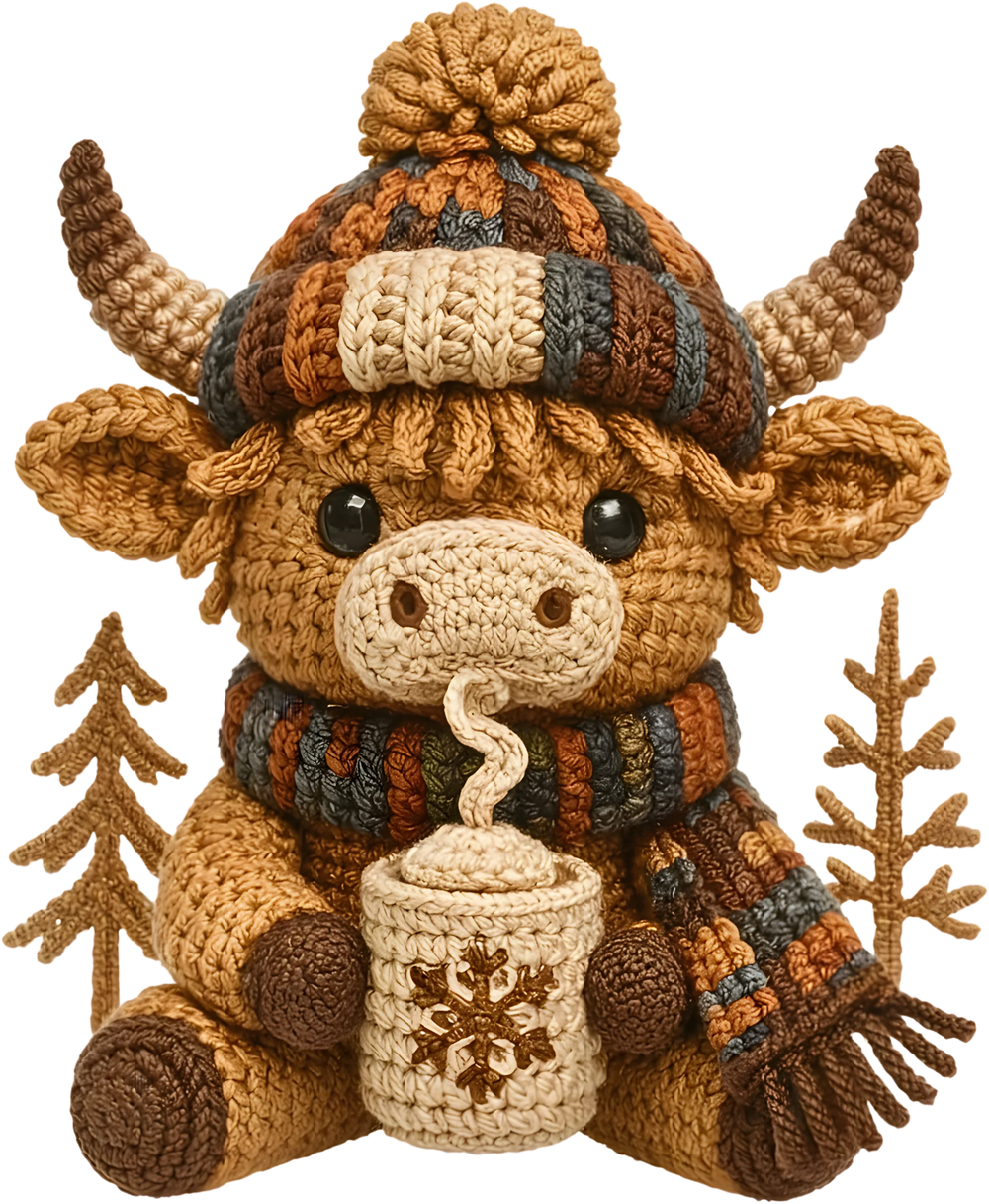 Christmas highland bull DTF transfer design with striped scarf holding cocoa cup surrounded by winter branches