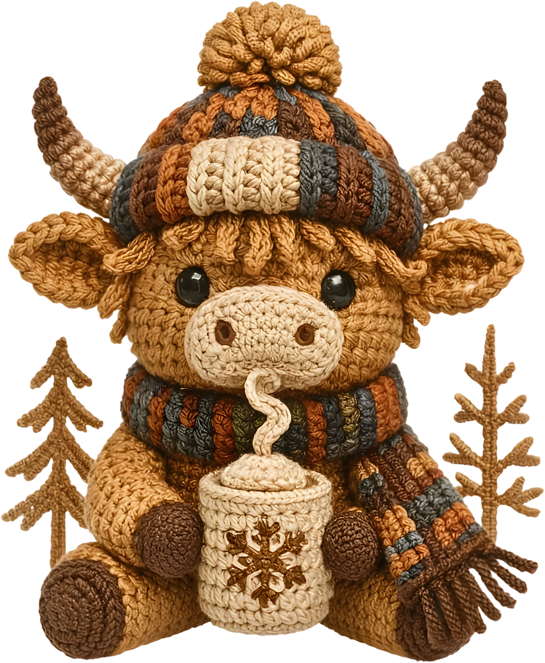 Christmas highland bull DTF transfer design with striped scarf holding cocoa cup surrounded by winter branches