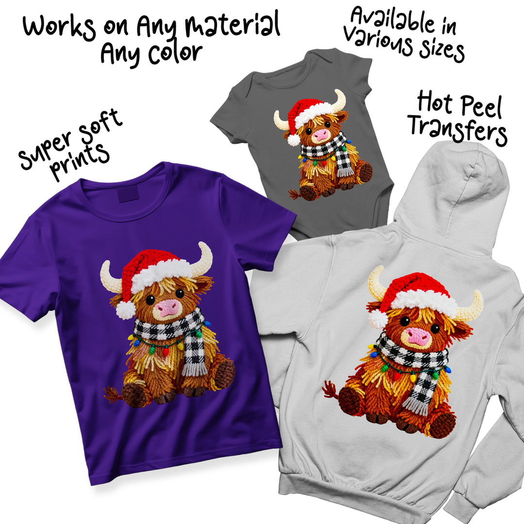 Highland cow Santa hat DTF transfer shown on multiple colored shirts demonstrating versatile Christmas design