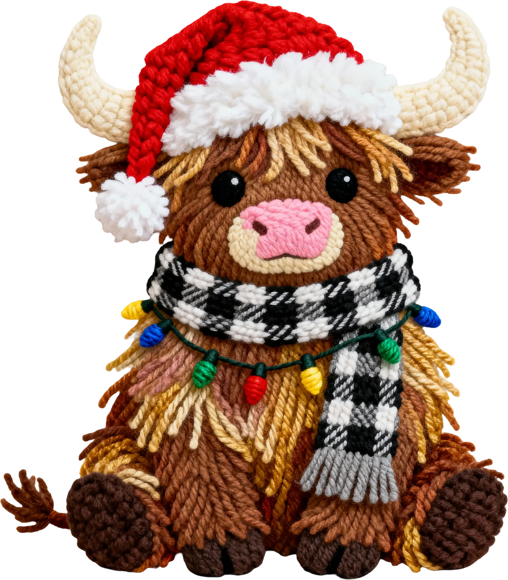 Christmas highland cow DTF transfer design with Santa hat and checkered scarf on white background ready to press