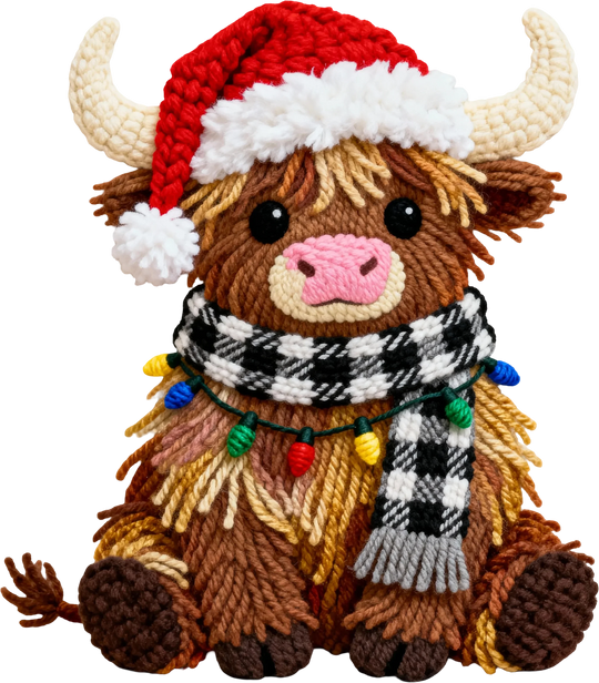 Christmas highland cow DTF transfer design with Santa hat and checkered scarf on white background ready to press