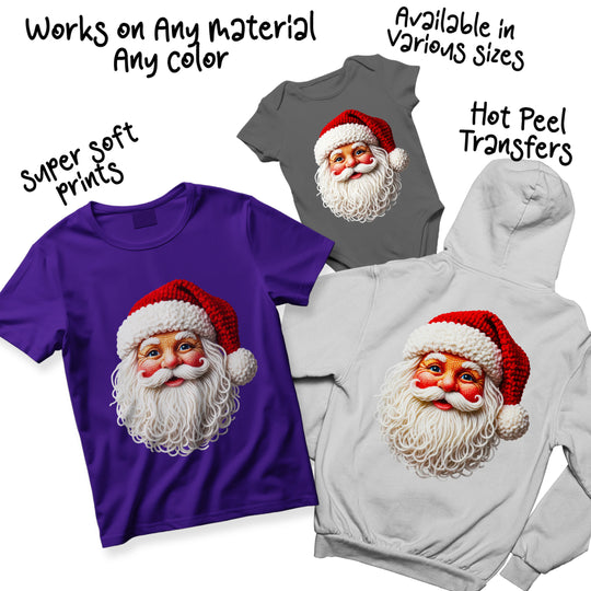 Santa face DTF transfer shown in multiple colorways - red, green, blue variations of Christmas holiday design options