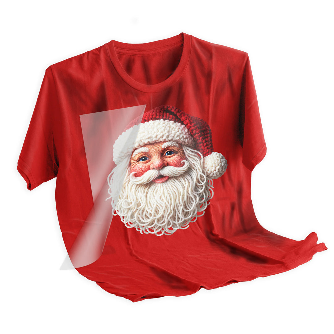 Step-by-step application of Christmas Santa DTF transfer showing heat press process from placement to finished result