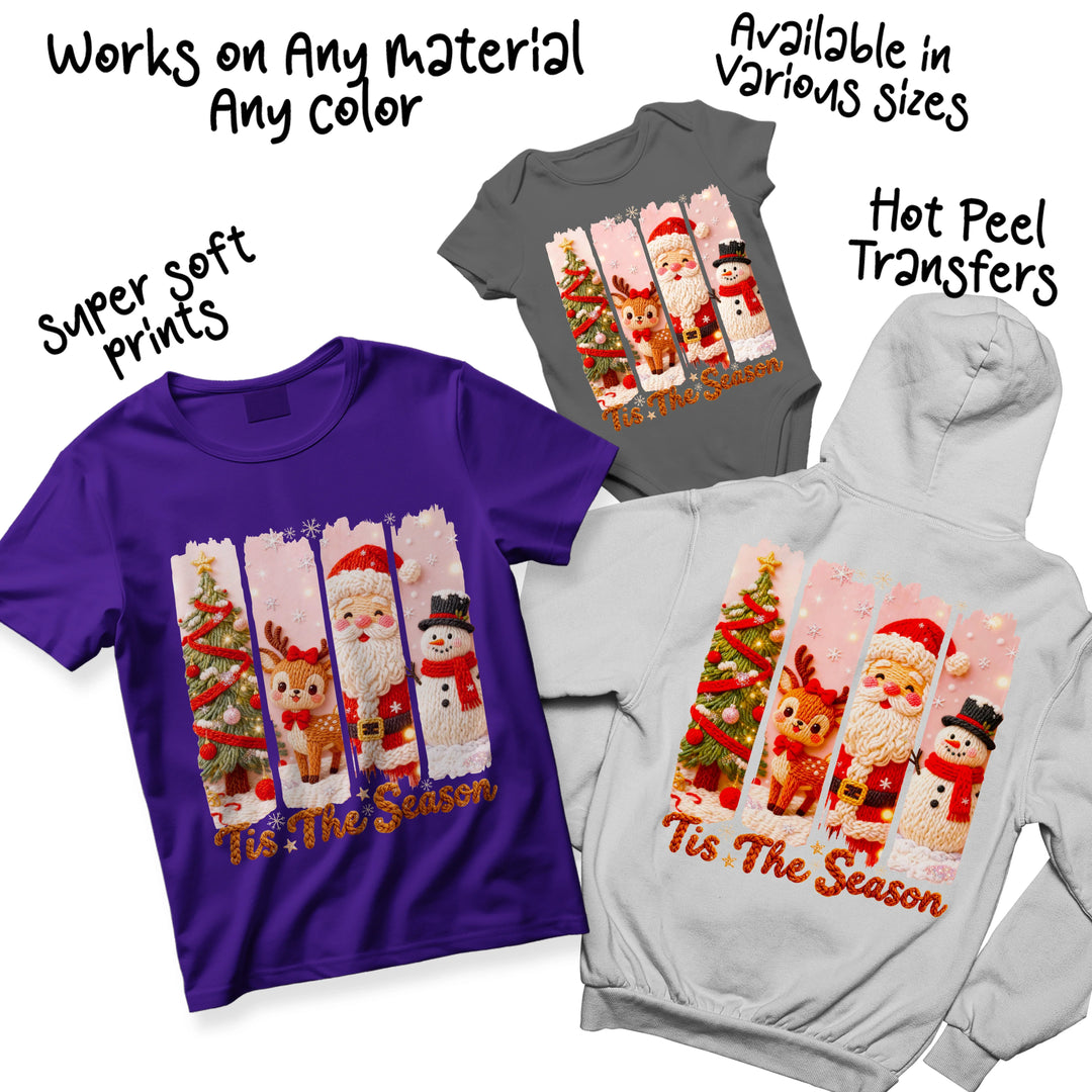Multi-color Christmas DTF transfer options showing knit holiday gang design in various colorways for custom apparel