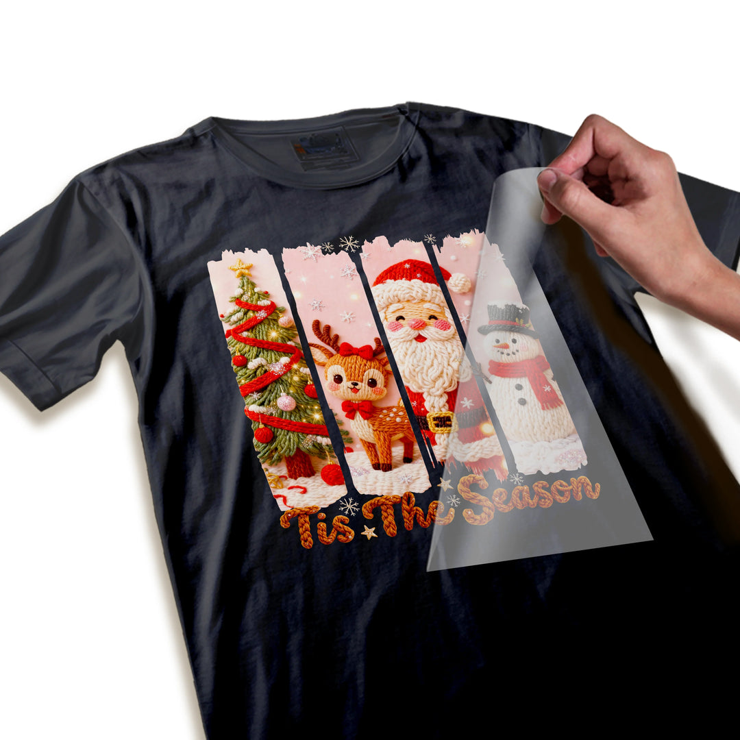 Close-up detail of Christmas DTF transfer showing high-quality knit texture Santa, snowman, reindeer characters