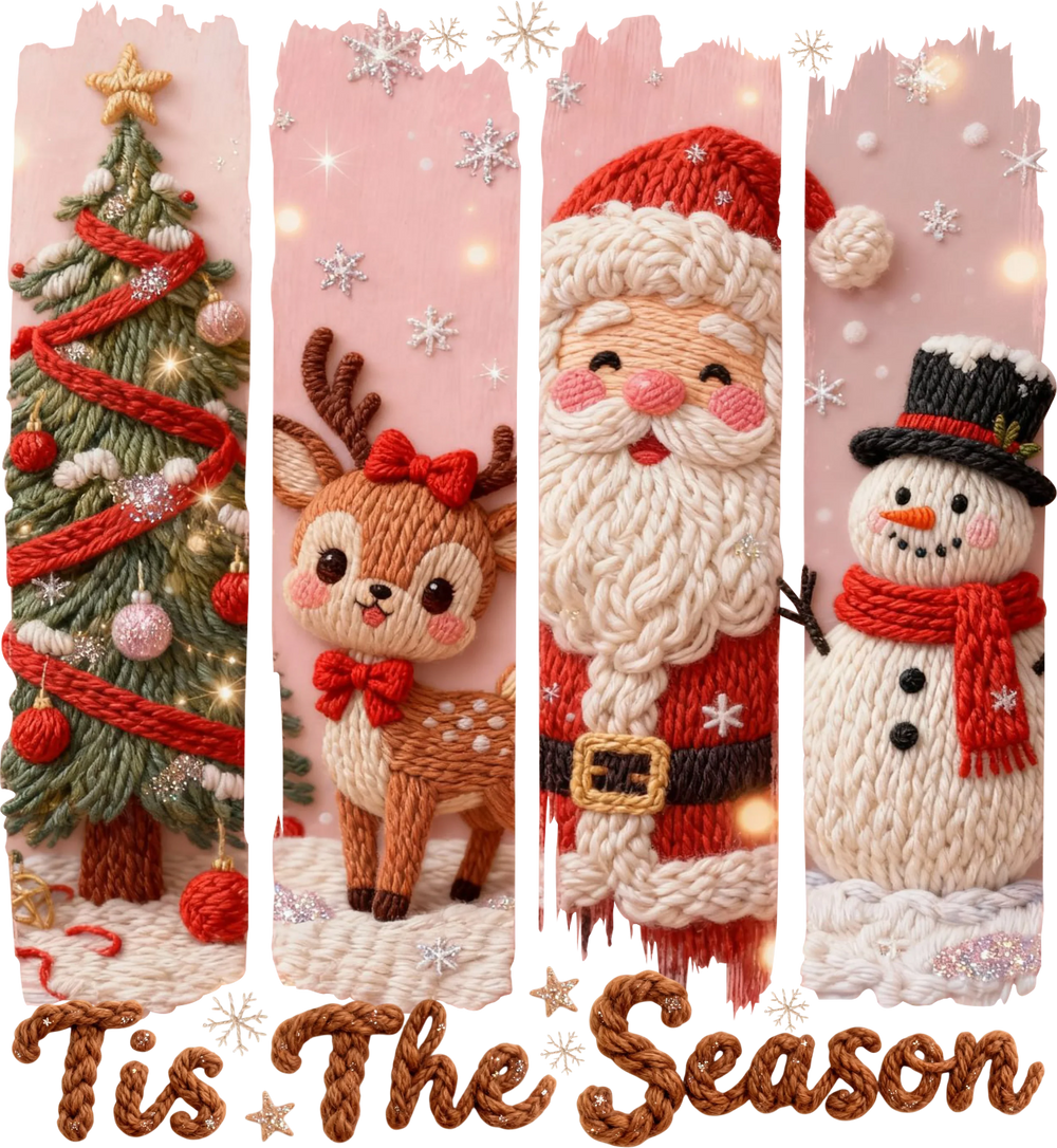 Christmas DTF transfer design featuring knit-style Santa, snowman, reindeer and Christmas tree with Tis The Season text