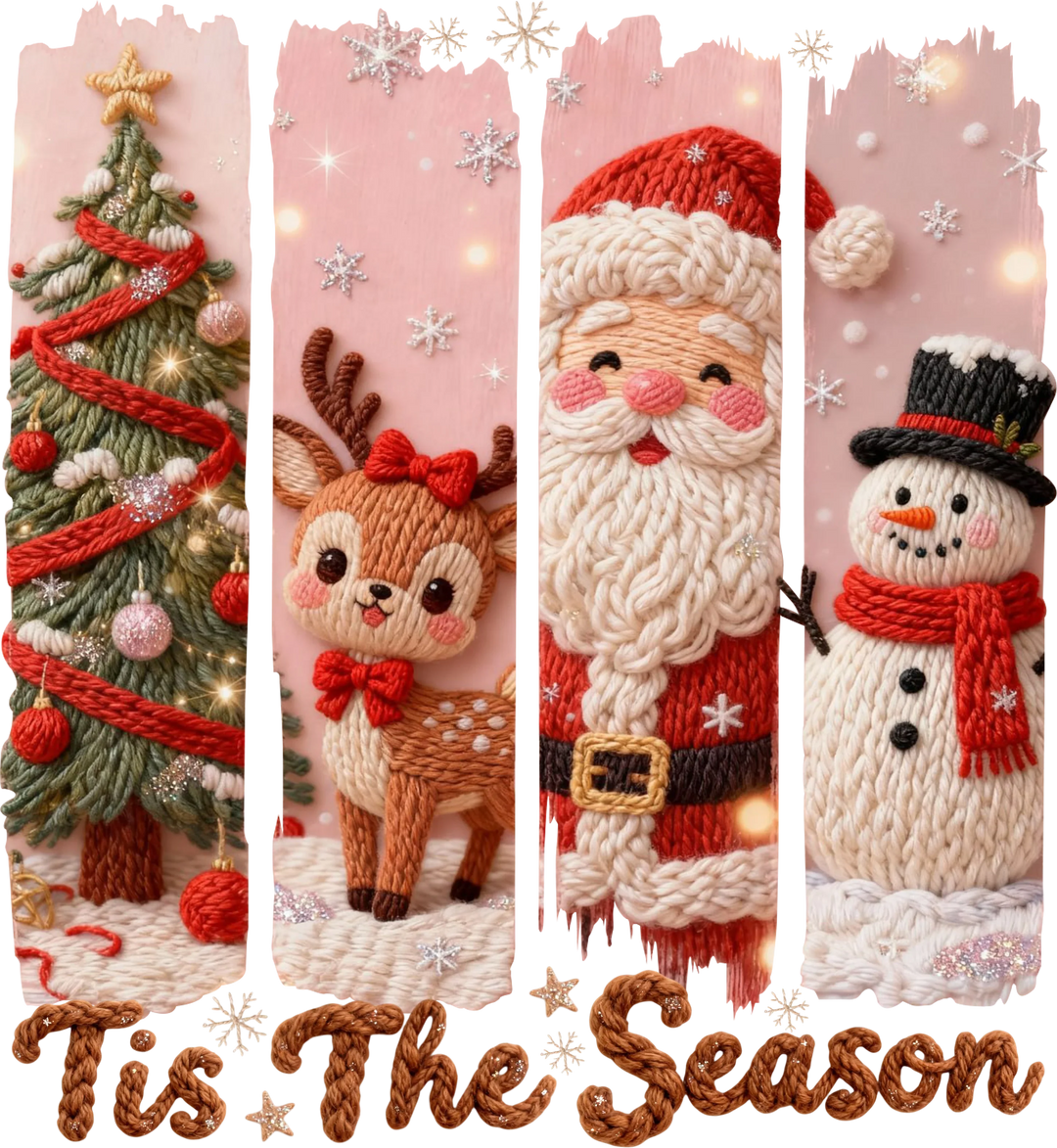 Christmas DTF transfer design featuring knit-style Santa, snowman, reindeer and Christmas tree with Tis The Season text