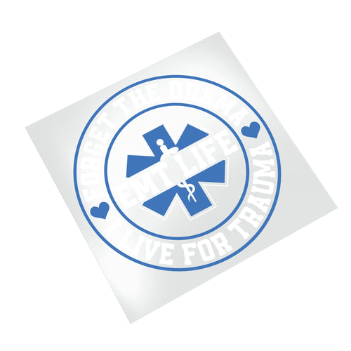 Professional EMT medical DTF transfer ready to press design with star of life emblem and Live for Trauma text in blue