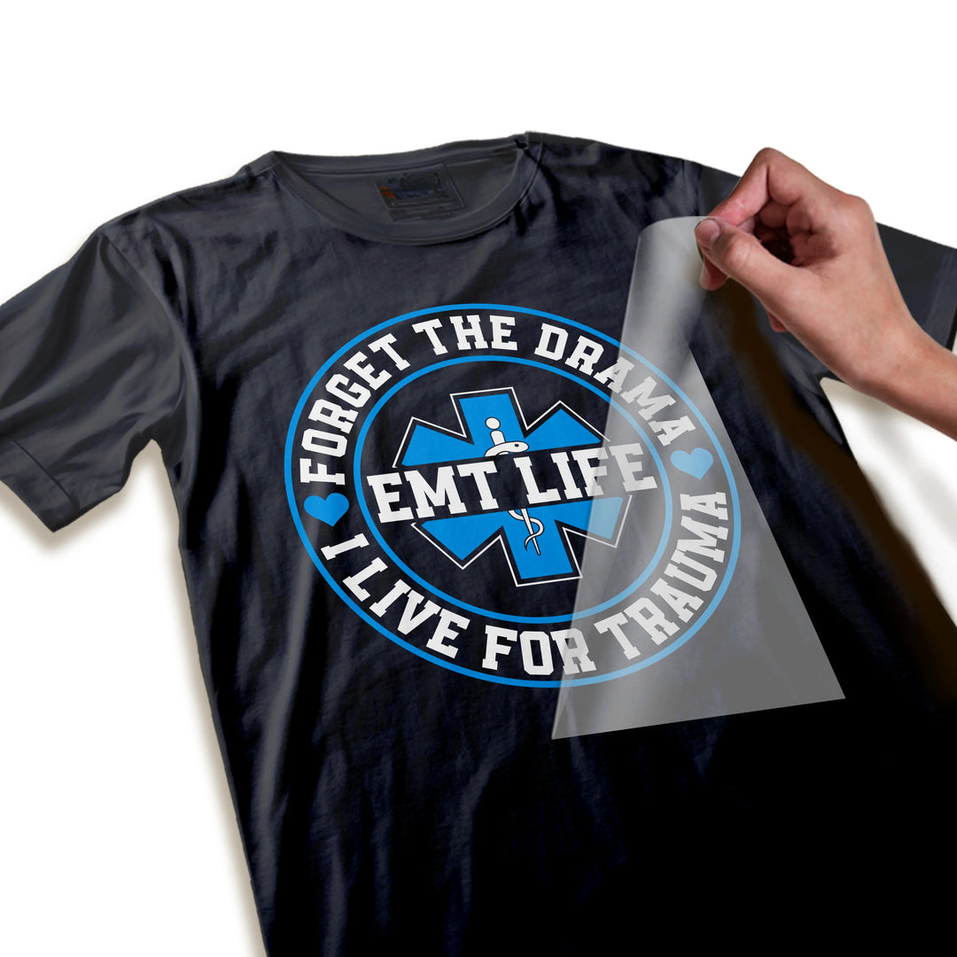 Close-up detail of EMT DTF transfer showing high-quality star of life design with crisp blue color and white ribbon