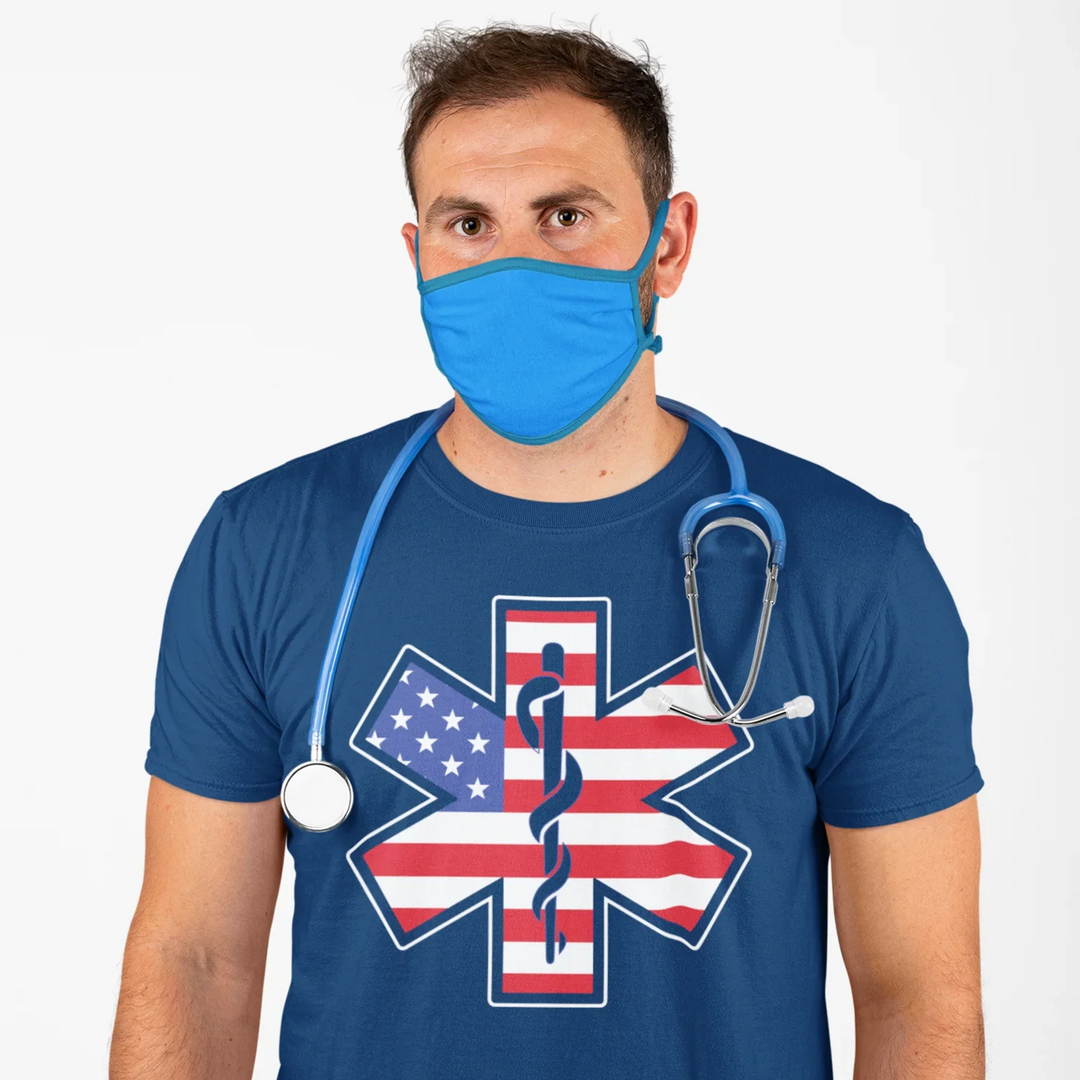 Person wearing black t-shirt with EMT American flag Star of Life DTF transfer design showing patriotic medical tribute