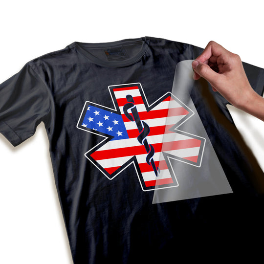 Close-up detail view of EMT American flag Star of Life DTF transfer showing high-resolution print quality and colors