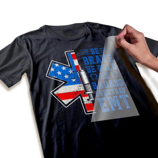 Close-up detail of EMT DTF transfer showing high-quality medical star of life symbol and motivational typography