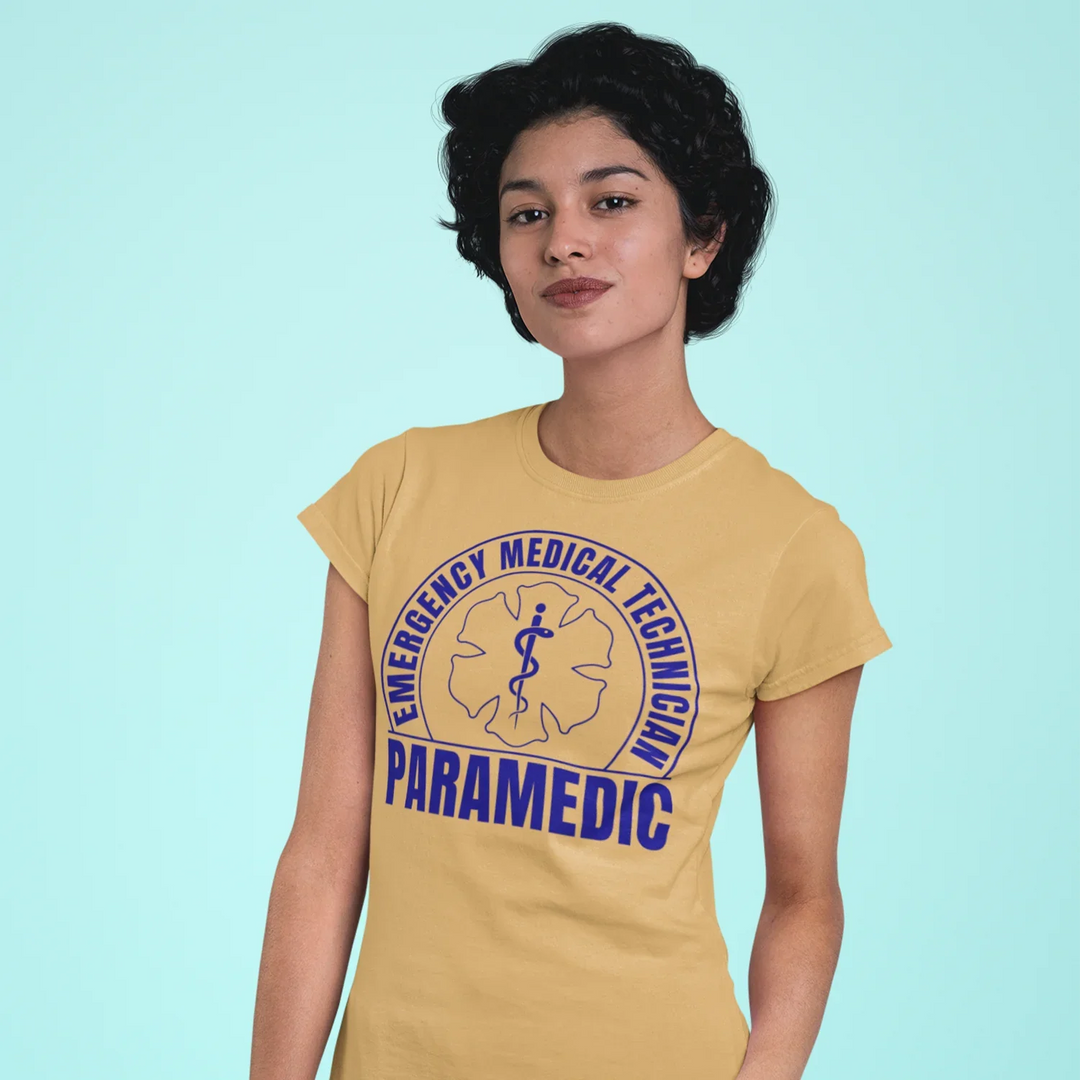 Healthcare worker wearing EMT Paramedic DTF transfer design on medical uniform shirt showing professional medical branding