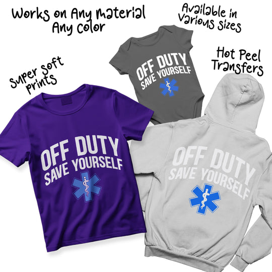 EMT DTF transfer design shown on multiple colored shirt mockups displaying Star of Life medical symbol variations
