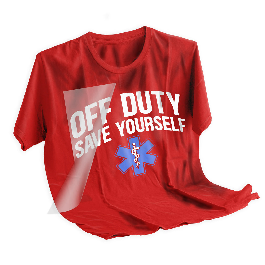 Heat press application demonstration of EMT Star of Life DTF transfer being applied to black t-shirt at 300 degrees