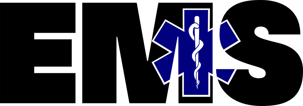 EMS Star of Life DTF transfer design with black lettering and blue medical symbols on transparent background