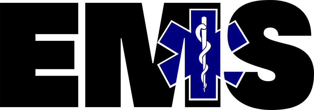 EMS Star of Life DTF transfer design with black lettering and blue medical symbols on transparent background