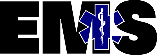 EMS Star of Life DTF transfer design with black lettering and blue medical symbols on transparent background