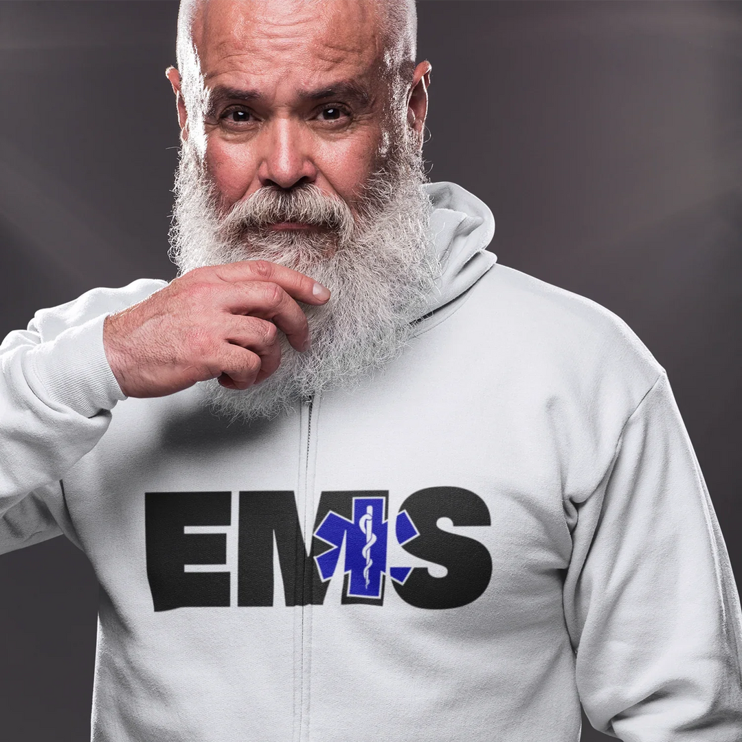 Model wearing EMS Star of Life t-shirt showing medical professional DTF transfer application results