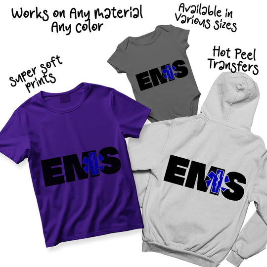 EMS DTF transfer shown in multiple colorways including black, blue, and red medical emergency variations