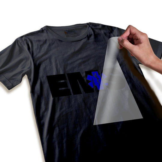 Close-up detail of EMS DTF transfer showing high-quality blue Star of Life symbols and crisp black lettering