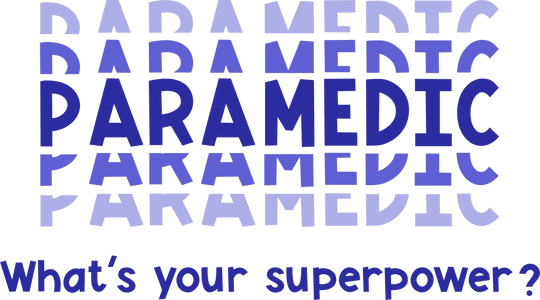 Paramedic superpower DTF transfer design with blue gradient text asking what's your superpower on white background