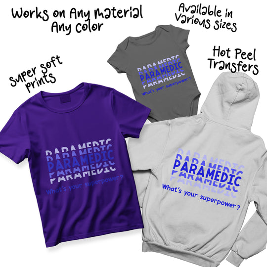 Paramedic DTF transfer design shown in multiple colorways including blue, red, and black gradient text options