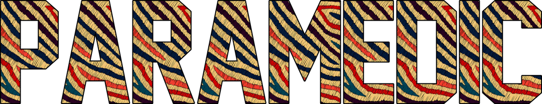 Paramedic DTF transfer with vibrant multi-color striped lettering design on transparent background ready to press