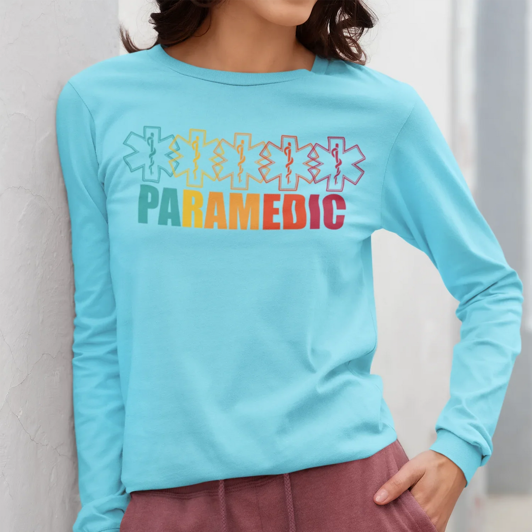 Healthcare worker wearing custom t-shirt with Star of Life paramedic DTF transfer design in medical setting