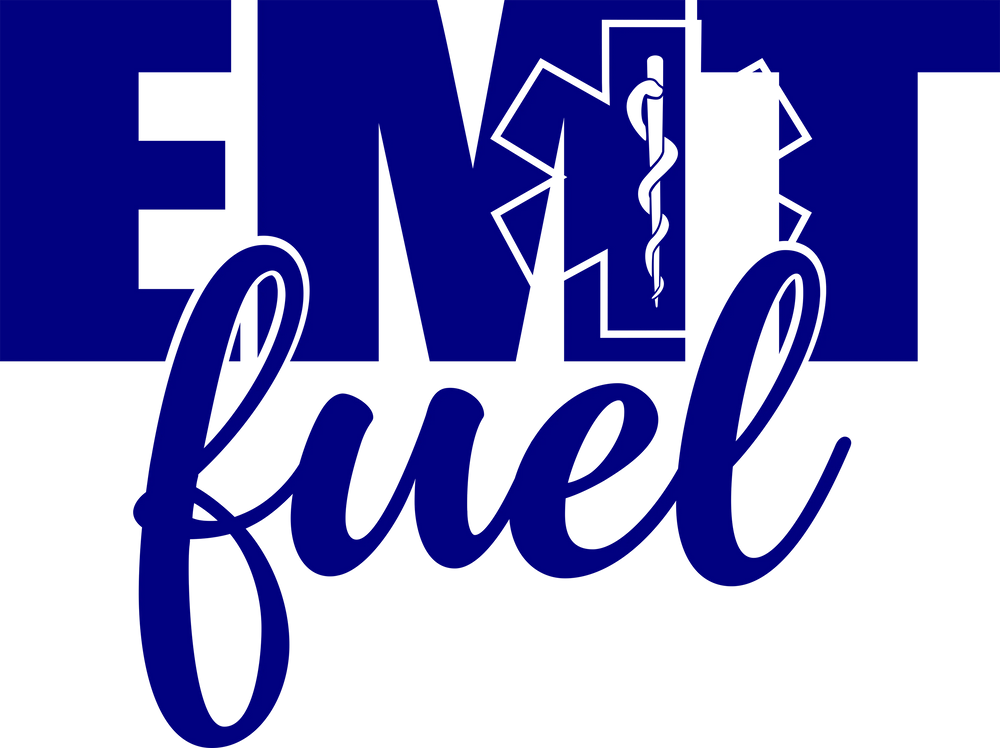 EMT Fuel DTF transfer design featuring bold blue text with EMS star of life symbol on transparent background