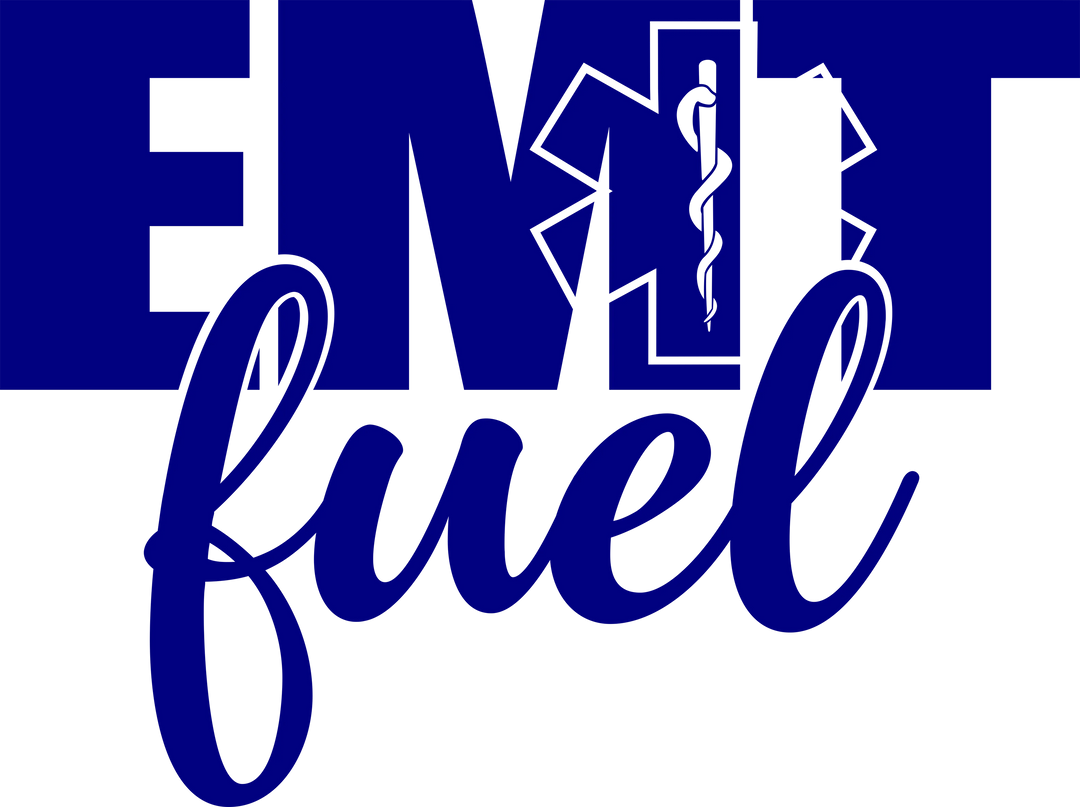 EMT Fuel DTF transfer design featuring bold blue text with EMS star of life symbol on transparent background