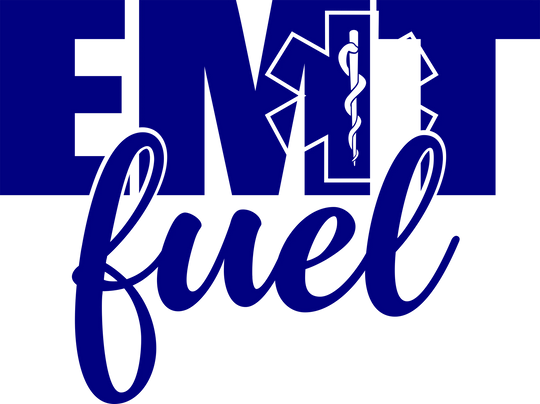 EMT Fuel DTF transfer design featuring bold blue text with EMS star of life symbol on transparent background