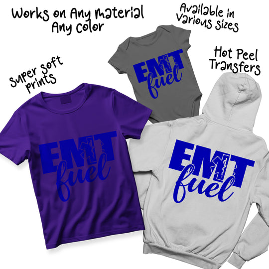 EMT Fuel DTF transfer design shown on multiple colored shirts displaying versatile application options