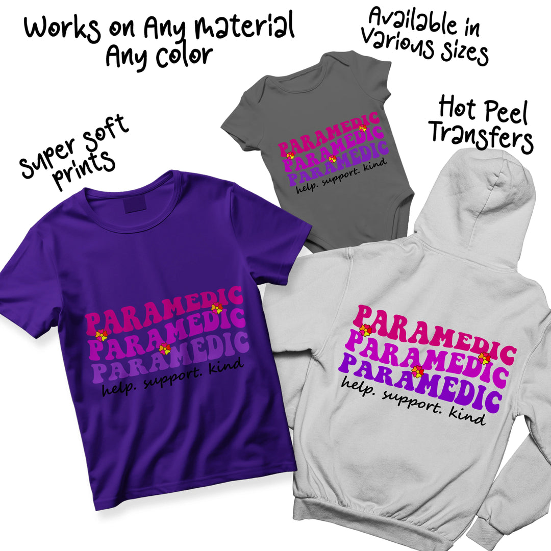 Paramedic DTF transfer design displayed on multiple colored shirts showcasing purple gradient text and star accents