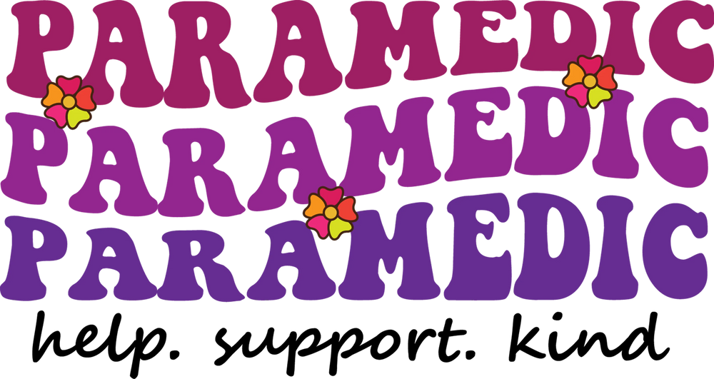 Paramedic DTF transfer design with purple gradient text and stars showing help support kind message on white background