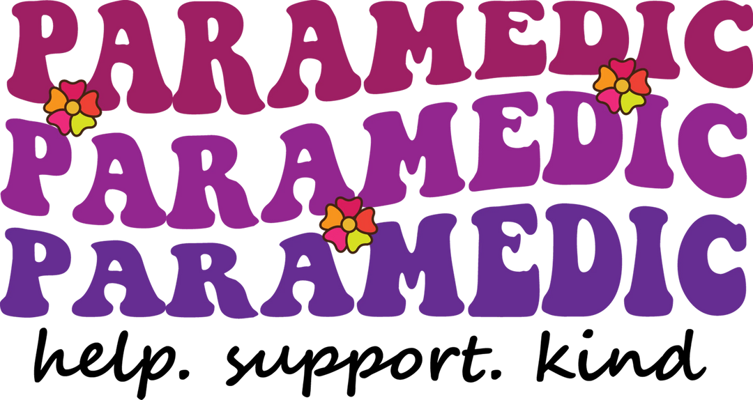 Paramedic DTF transfer design with purple gradient text and stars showing help support kind message on white background