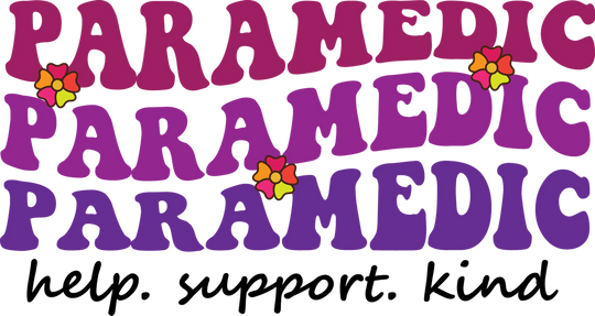 Paramedic DTF transfer design with purple gradient text and stars showing help support kind message on white background