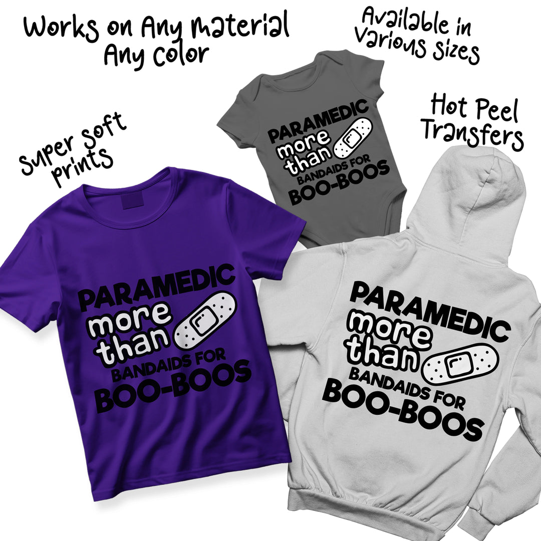 Paramedic DTF transfer shown in multiple colors on various shirt mockups demonstrating versatile design options