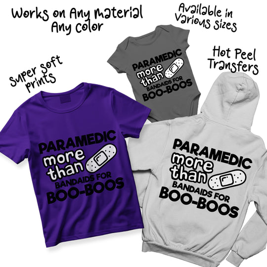 Paramedic DTF transfer shown in multiple colors on various shirt mockups demonstrating versatile design options