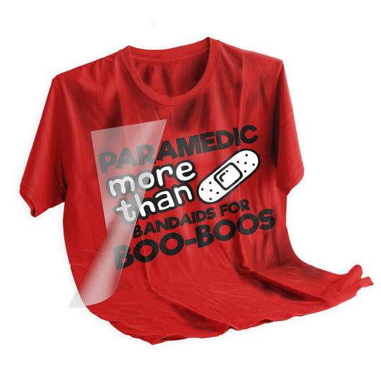 Step-by-step application of paramedic DTF transfer being pressed onto shirt showing heat press application process