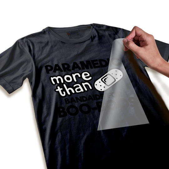 Close-up detail of paramedic DTF transfer showing high-quality print resolution and vibrant bandaid graphics